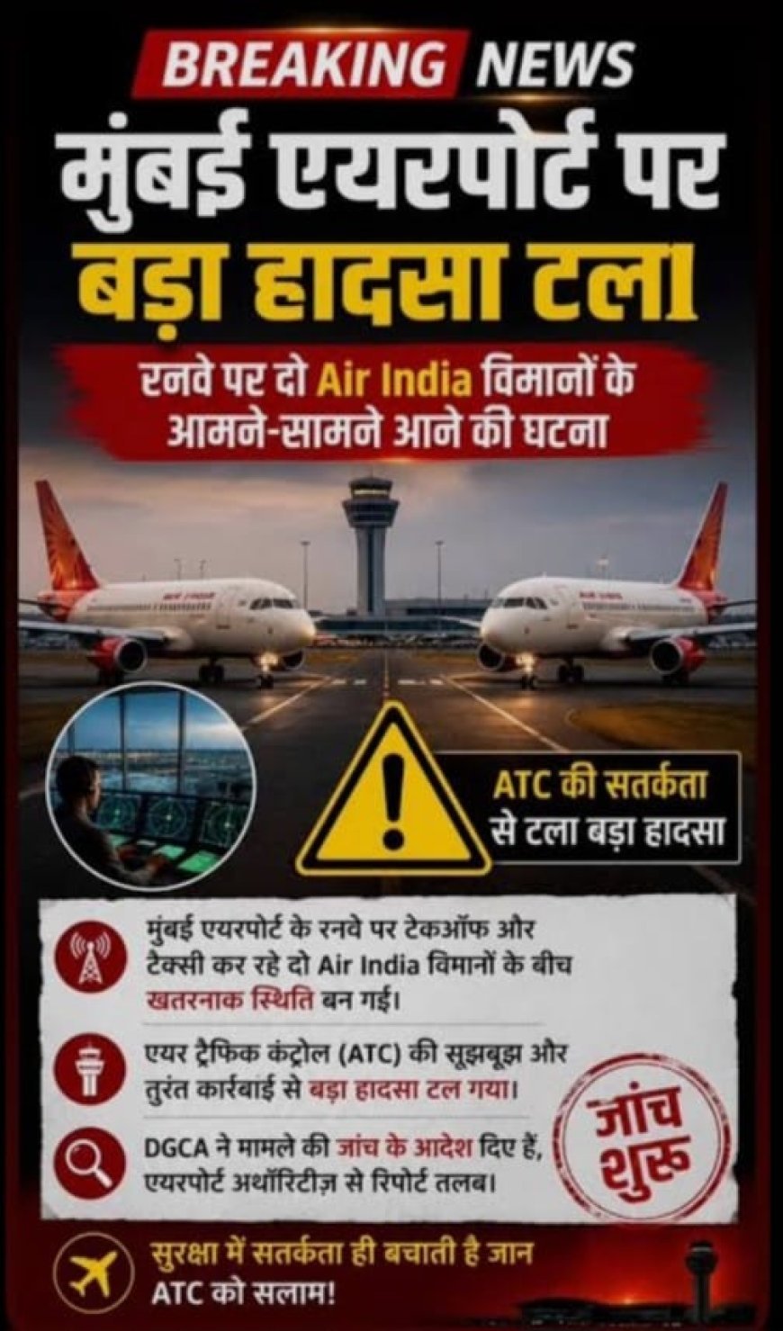एयर ट्रैफिक कंट्रोलर की सजगता से मुंबई हवाई अड्डे पर टला बड़ा हादसा