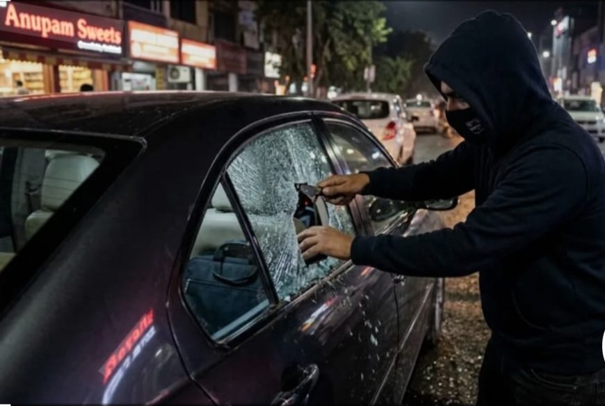 सड़क किनारे खड़ी कार का शीशा तोड़कर कीमती सामान चोरी